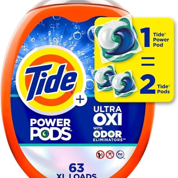 免运费Tide Ultra OXI Power PODS with Odor Eliminators Laundry Detergent Pacs 63 Count For Visible and Invisible Dirt (Pack of 1)